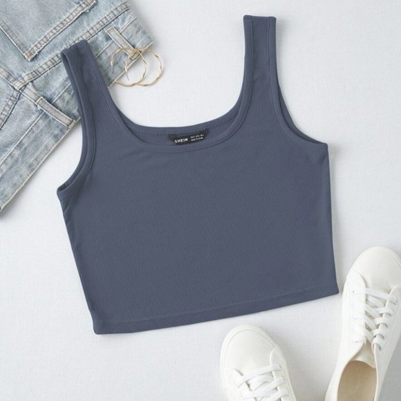 SHEIN Tops - Shein | Dusty Blue Rib-Knit Crop Tank Top